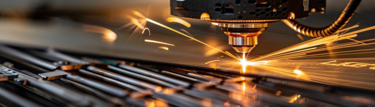 Precision Fiber Laser Cutting Machine Head in Action, Close-up of Metal Cutting Process.