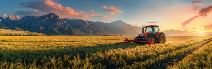 Fototapeta premium Tractor Working in Golden Wheat Field at Sunset