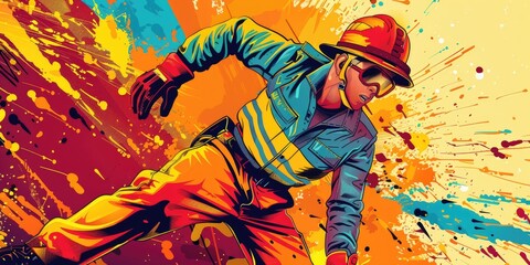 Retro Firefighter Illustration with Flames