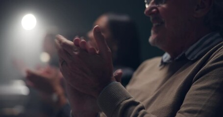 Applause, success and hands of business people at trade show for achievement, announcement or promotion. Team building, men and women celebrate company growth in dark conference room with solidarity.