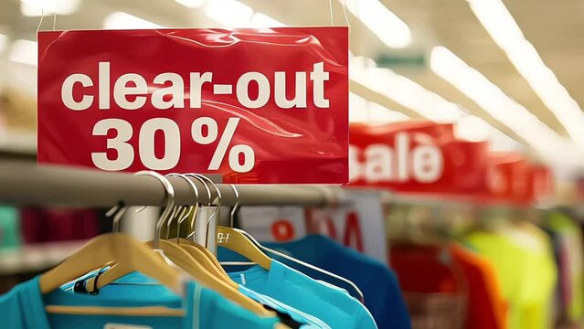 Red clearance sign for 30% off on cloth rack with variety of women apparel in retail store