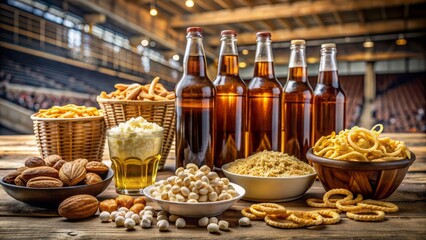 Fototapeta premium Arranged assortment of craft beer bottles, peanuts, popcorn, pretzels, and chips on a rustic wooden table against a stadium backdrop.