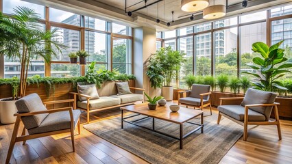 Fototapeta premium Cozy modern waiting area with comfortable chairs, wooden coffee table, plants, and large window allowing natural light to pour in.