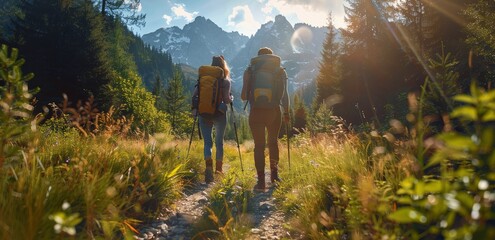 Obraz premium Couple Hiking Through Mountainous Landscape During Golden Hour