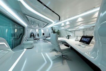 Fototapeta premium modern and futuristic office, Futuristic office design with modern technology equipment, Office of the future with advanced furniture and lighting design. AI generated