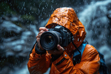 man hand holding camera looking through lens. ai generated