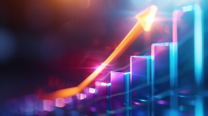 Abstract image of a glowing, ascending bar graph with an orange arrow, symbolizing growth, progress, financial success, and business performance.