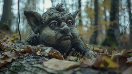 Realistic live troll in the forest. The creature emerges from underground.