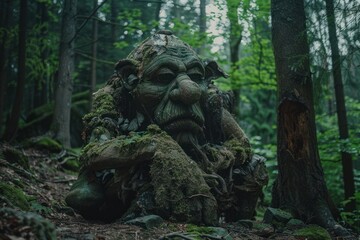 Obraz premium Realistic live troll in the forest. The creature emerges from underground.