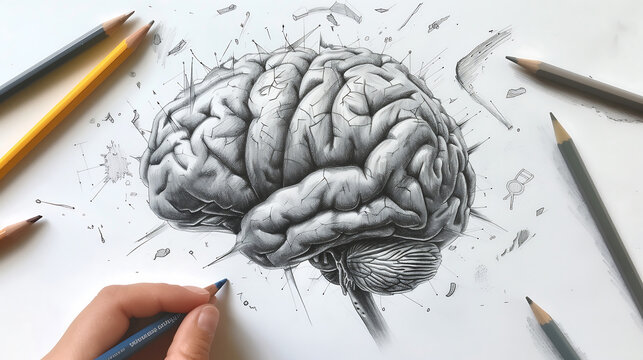A hand drawing of the human brain with pencils on white paper, in the style of ultra realistic.
