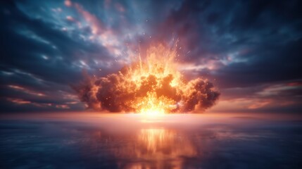 Dramatic explosion over calm ocean with colorful fiery clouds reflecting on water at sunset. Surreal, intense atmosphere.