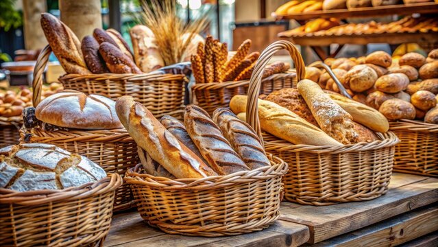 Artisanal bread arrangements, crusty baguettes, and rustic loaves overflowing from wicker baskets on a rustic wooden table at a bustling market.