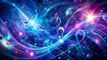 Obraz premium Vibrant swirling shapes in blue and purple hues evoke dynamic rhythms against a dark abstract musical background texture.