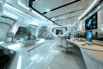 Fototapeta premium modern and futuristic office, Futuristic office design with modern technology equipment, AI generated