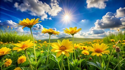 Vibrant yellow flowers blooming in a lush green meadow with natural leaf border against a soft blurred blue cloudy sky background.