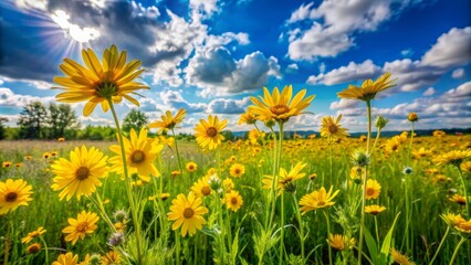Obraz premium Vibrant yellow wildflowers bloom amidst lush green grass in a serene field, set against a soft, cloudy blue sky and natural leaf border.