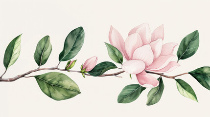 Naklejka premium Watercolor illustration of a delicate blush magnolia accented by shadowy emerald leaves conveying funeral grace watercolour background 
