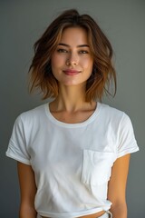 Fototapeta premium A young woman in white t - shirt posing for the camera.