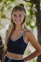Fototapeta premium A young woman in a blue crop top and shorts.