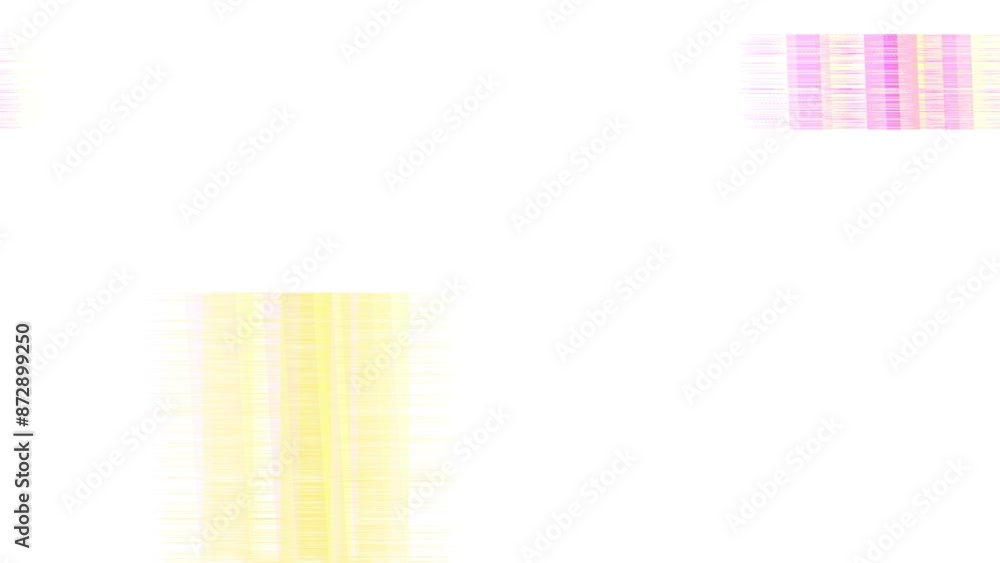 Poster fast moving square shapes on a white background with heavy distortion effects, glitches, static and 