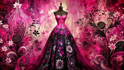 Obraz premium Vibrant pink and black abstract background with elegant dress fragments, floral patterns, and ornate details in a mixed media design.