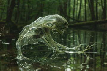 Aquatic scary translucent alien creature in water on lake in forest