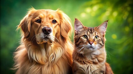 Adorable golden retriever and majestic Maine Coon cat pose together, gazing at the camera with sweet expressions, against a vibrant green backdrop.