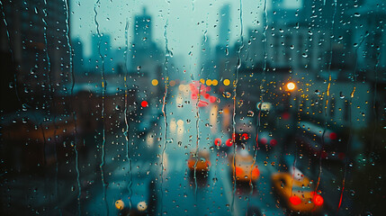 Window with raindrops, city street at dusk in blurred background as wallpaper