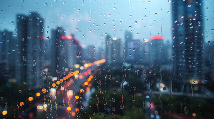 Window with raindrops, city street at dusk in blurred background as wallpaper