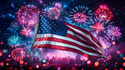 Waving USA flag in foreground, vibrant fireworks exploding in night sky, cityscape silhouette, stars trailing across banner