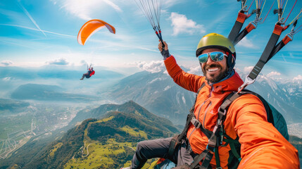 Paragliding man takes a selfie during flight - Extreme sport concept - Models by AI generative