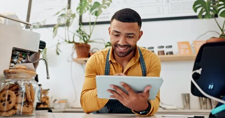 Man, barista and tablet for online shopping, order or review as employee in small business. Male person, cafe and tech for communication, community management or stock control with happiness or smile - Powered by Adobe