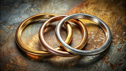 Vibrant interlocking rings in gold, silver, and bronze hues on a distressed, gradient background with subtle texture and metallic sheen.