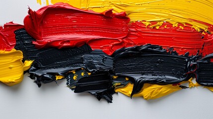 5. An abstract German flag created with fluid, sweeping paintbrush strokes. The black, red, and yellow colors are vibrantly set against a white background, creating a dynamic and textured artwork
