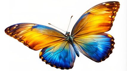 Obraz premium Vibrant blue, yellow, and orange butterfly spreads its delicate wings, soaring majestically against a crystal-clear, transparent background, solo and unfettered.