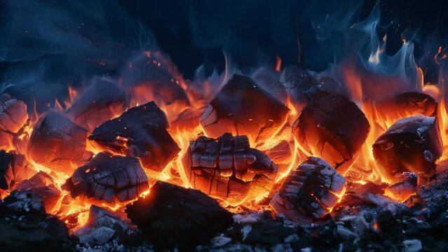 Intense close-up of burning embers. Vibrant orange and red hues illuminate dark surroundings. Intricate patterns of cracks and fissures visible on coal surfaces. 