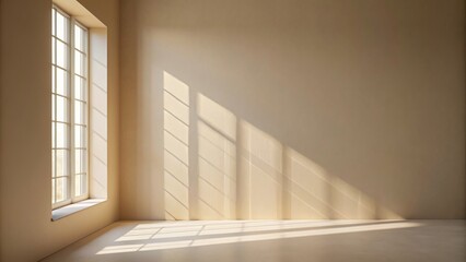 Obraz premium Softly illuminated minimalist beige background with gentle window light casting a subtle shadow on the wall, perfect for product display.
