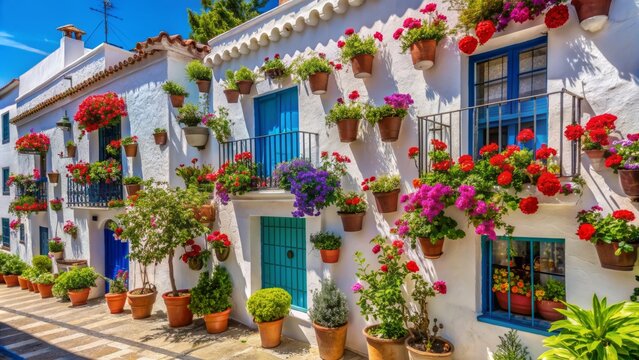Whitewashed facade of traditional Andalusian house adorned with vibrant blue flowerpots overflowing with colorful blooms in sunny Mijas, Malaga, Spain.