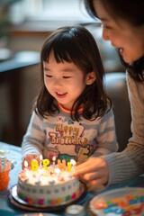 Fototapeta premium Adorable Girl Celebrating Birthday with Cake