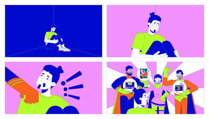Fighting boredom cartoon flat illustration set. Superheroes helping caucasian man to find hobby 2D line characters colorful background. Creativity developing scene vector storytelling image collection