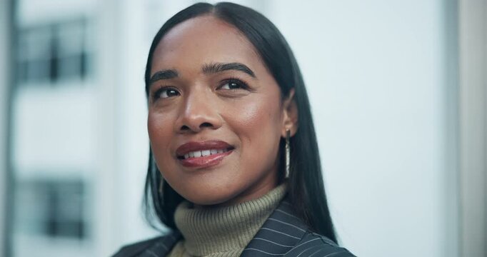 Business woman, thinking and window in office for vision, idea or choice for decision at job. Manager, entrepreneur and insight in workplace for reflection, memory or view by glass for perspective