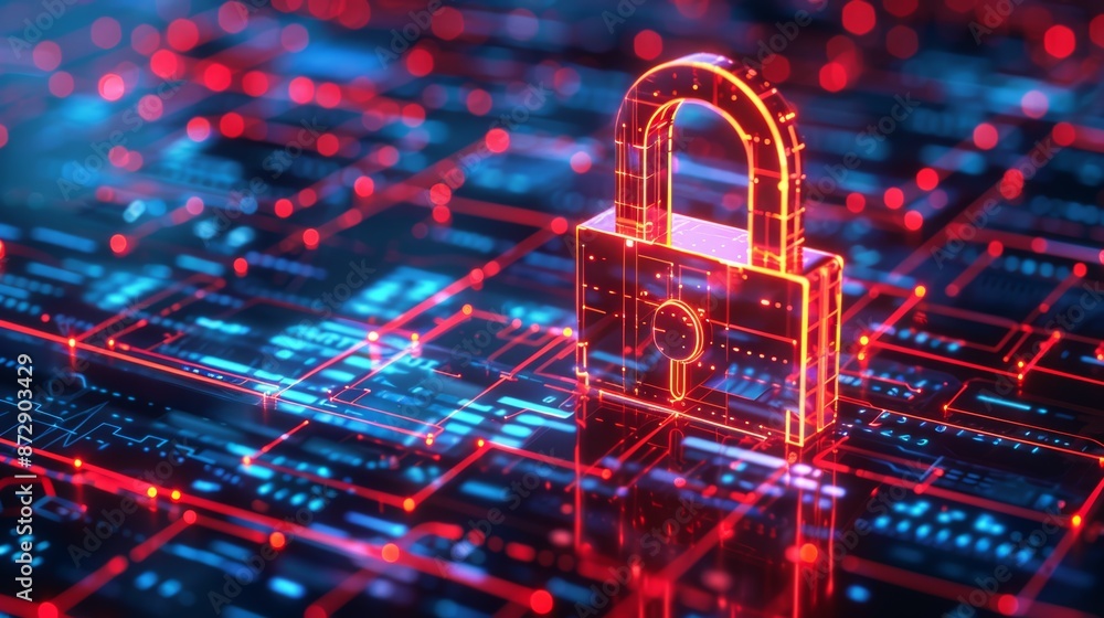 Poster Digital padlock and binary code background, online security concept