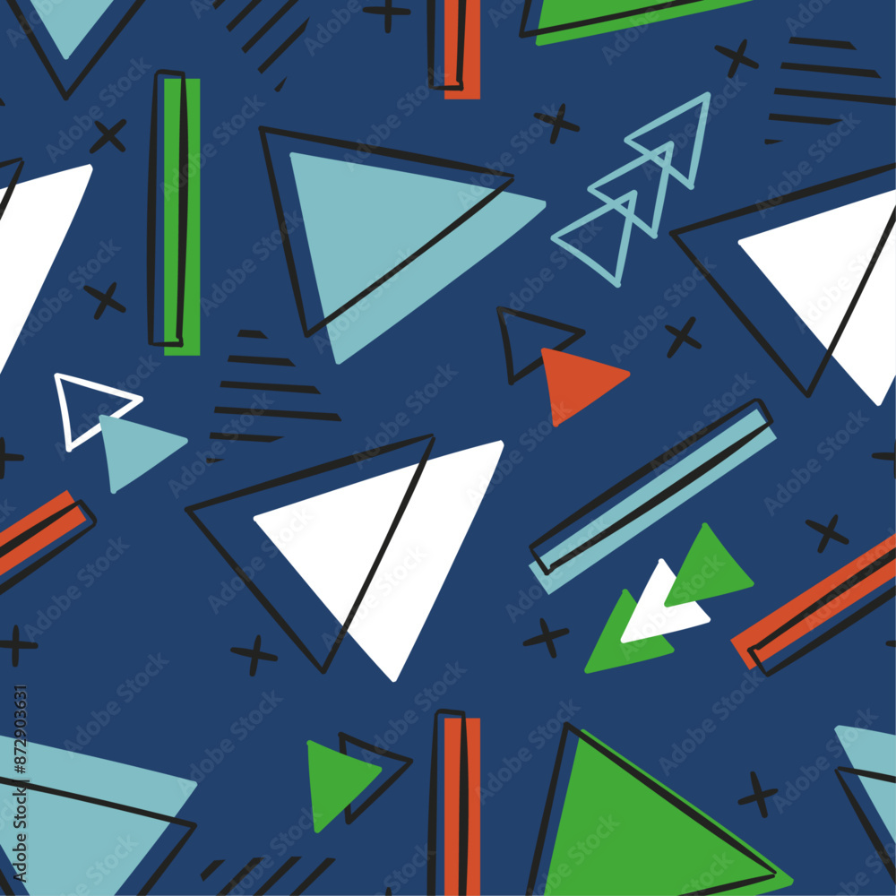 Poster Stylish pattern with some geometric shapes, triangles. Vector seamless and stylish memphis pattern. Blue background.