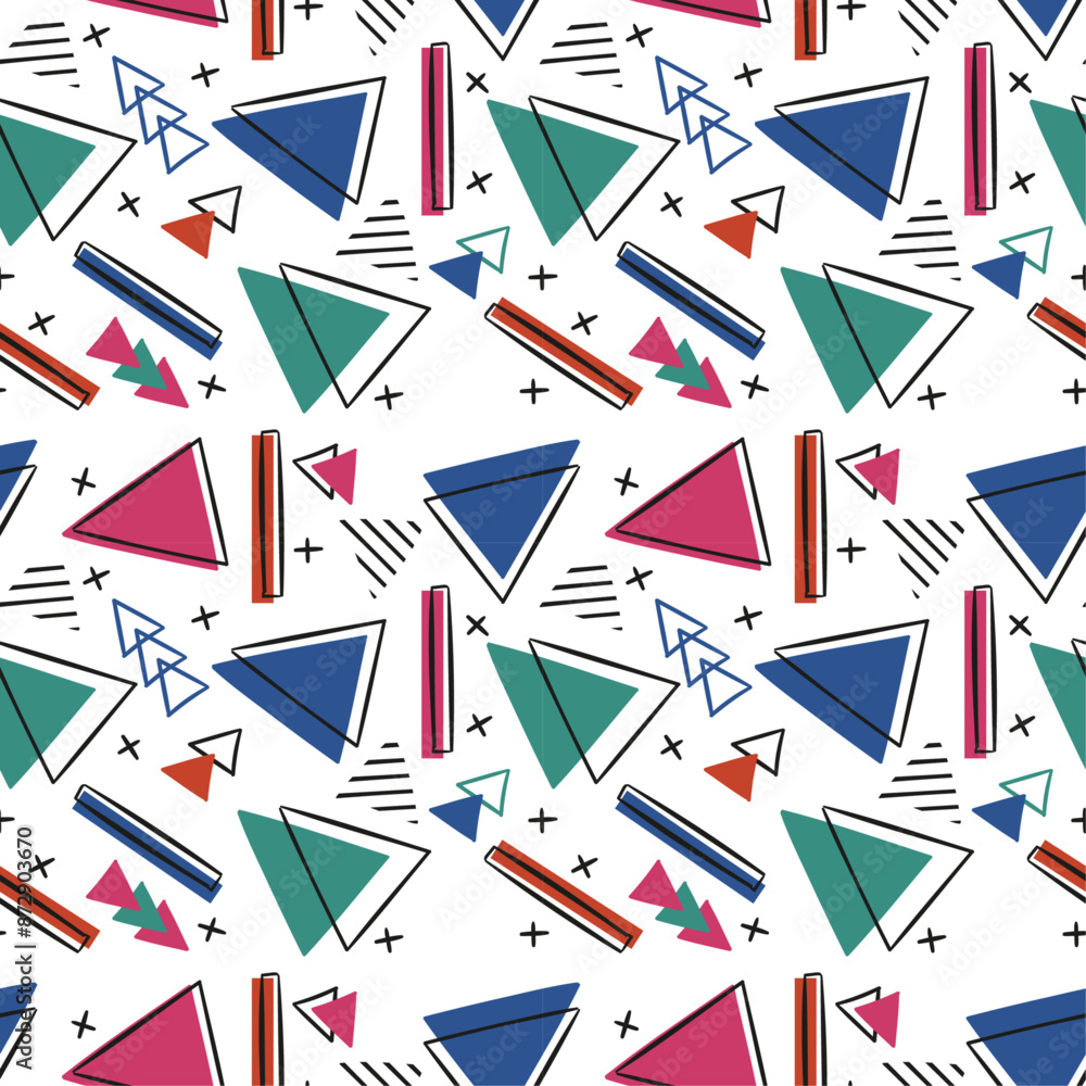 Poster Memphis pattern. Stylish pattern with some geometric shapes, triangles. Vector seamless and stylish memphis pattern.
