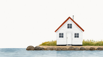 Watercolor illustration of a minimalist Scandinavian boathouse in muted seashell pink on white ink watercolour 