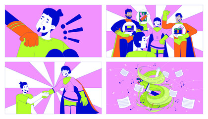 Opening musical talent cartoon flat illustration set. Multiracial heroes team supporting creativity 2D line characters colorful background. Arts scene vector storytelling image collection