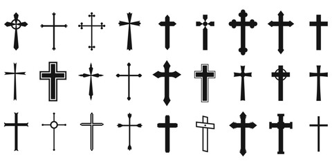 Large selection of religious Christian crosses. Vector set of black silhouette crosses.