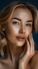 A beautiful blonde woman with her hand on her face.