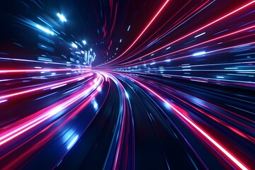 Fototapeta premium glossy black surfaces intersected by dynamic red and blue neon lines, evoking a high-speed data network in motion against a dark background.