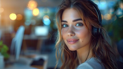 Obraz premium Young Woman With Headphones Working in Modern Office at Night